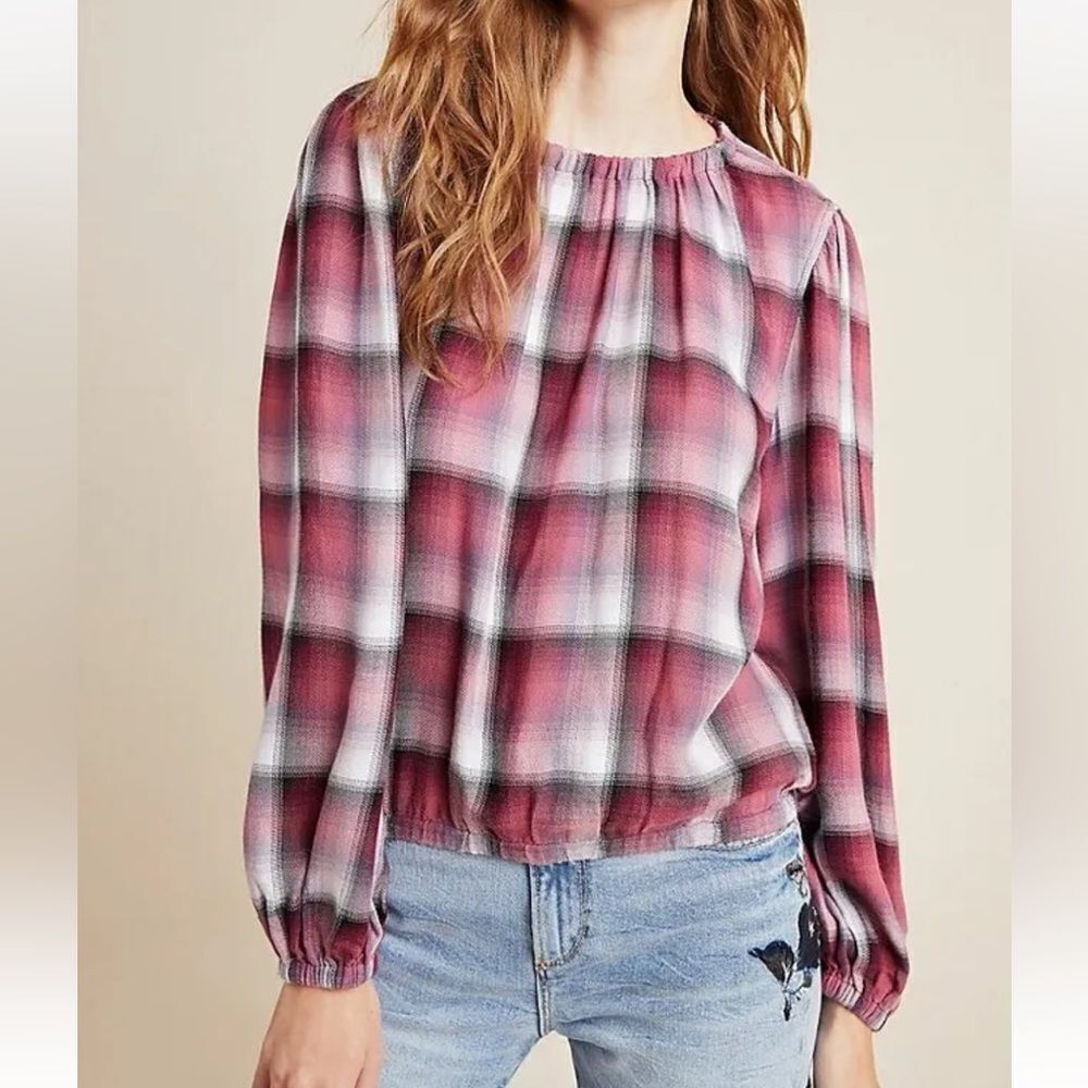 Anthropologie Cloth & Stone Glacier Plaid Balloon Sleeve Blouse Top Size‎ Medium